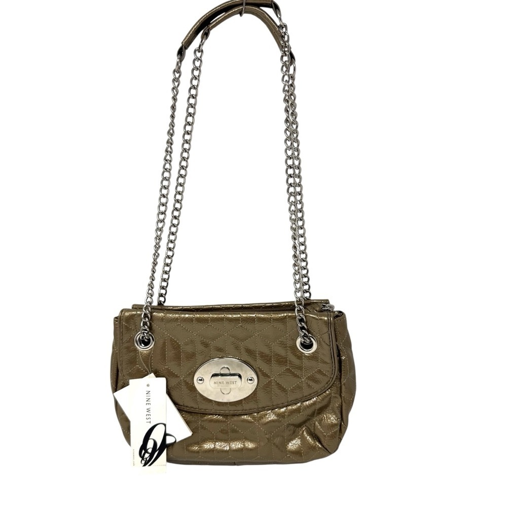 NWT Nine West Quilted Bronze Crossbody Purse Chain Strap Faux Patent Leather